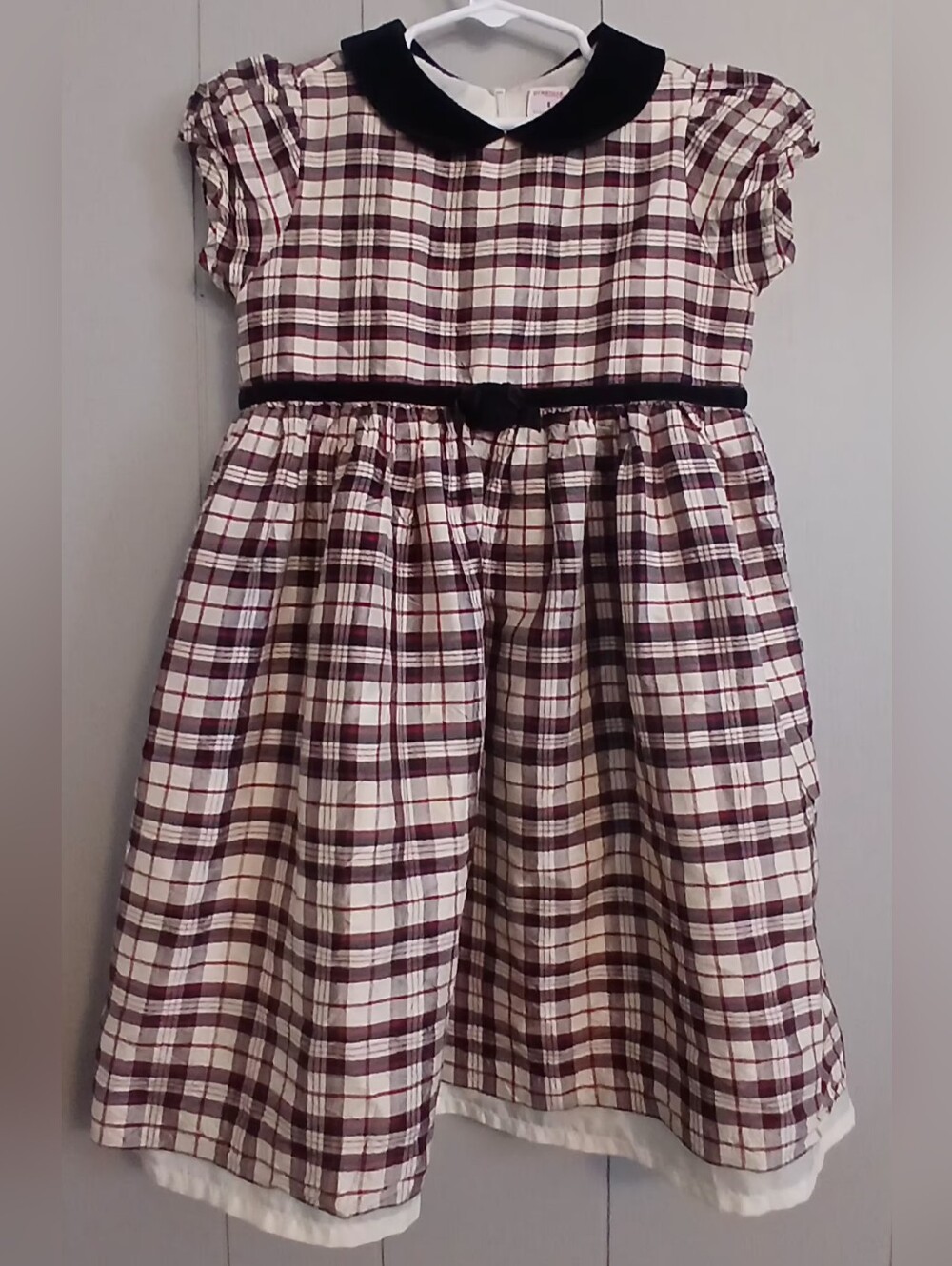 Girls' Burgundy Plaid Dress with Black Peter Pan Collar
